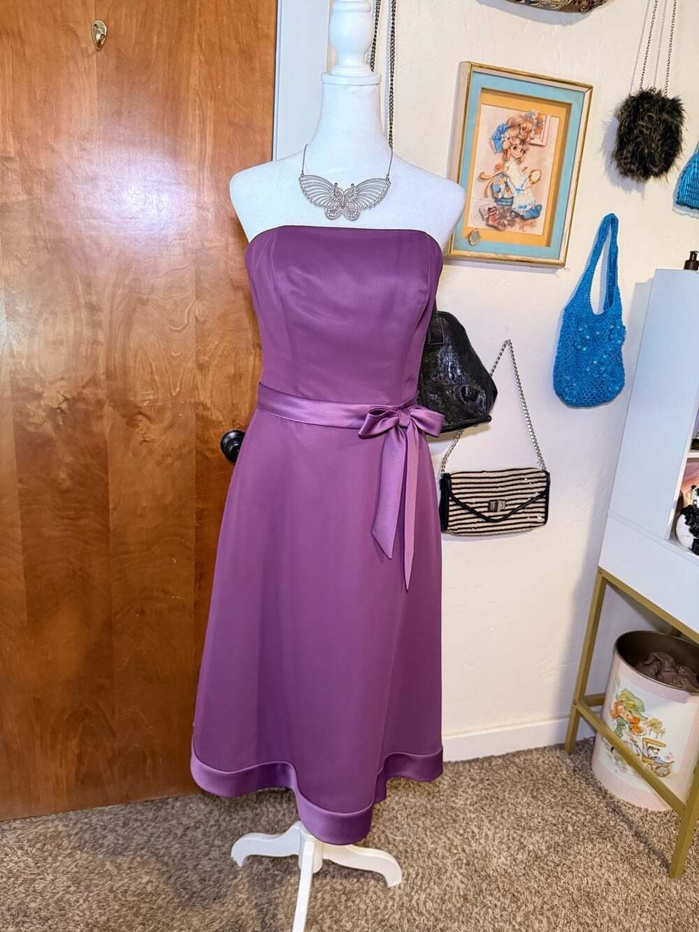 NWT Vintage Y2K Eden Maids Orchid Purple Satin Strapless Midi Dress 6